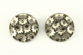 VINTAGE Costume Jewelry Black &amp; Silver Floral Glass Button Clip Earrings... - £14.04 GBP
