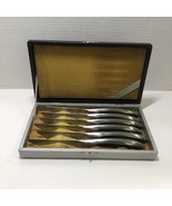 6 Steak Knives in Case Stainless Japan MCM Metal Plastic Wood Like Handles - £19.46 GBP