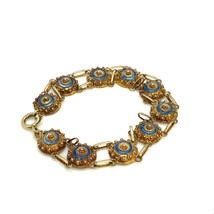 Vtg Sterling Gold Gilt Victorian Etruscan Enamel Panel Chain Link Bracelet 7 1/2 - £68.32 GBP