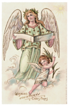 Postcard Wishing You Merry Christmas Embossed Gilded Heavenly Angel And Cherub - £12.73 GBP