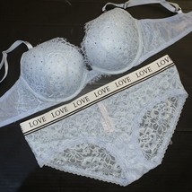 NWT Victoria&#39;s Secret 36C BRA SET L banded panty BABY BLUE lace crystallized - £63.30 GBP