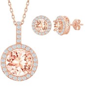 Rose Gold Sterling Silver Round Morganite with CZ Necklace and Earrings Set - £68.32 GBP
