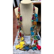 Rainbow Elephant Necklace Vintage Beaded Multi Strand Chunky Colorful India - £17.49 GBP