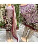 Pakistani Gray Printed Straight Shirt 3-PCS Lawn Suit w/ Threadwork ,M - £42.84 GBP