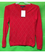 Tommy Hilfiger Womens Studded Argyle Long Sleeve V Neck Red Sweater XS - £27.88 GBP