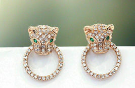 Amazing Panther Stud 1.5Ct Round Emerald Diamond Earrings 14K Rose Gold Over - £81.59 GBP