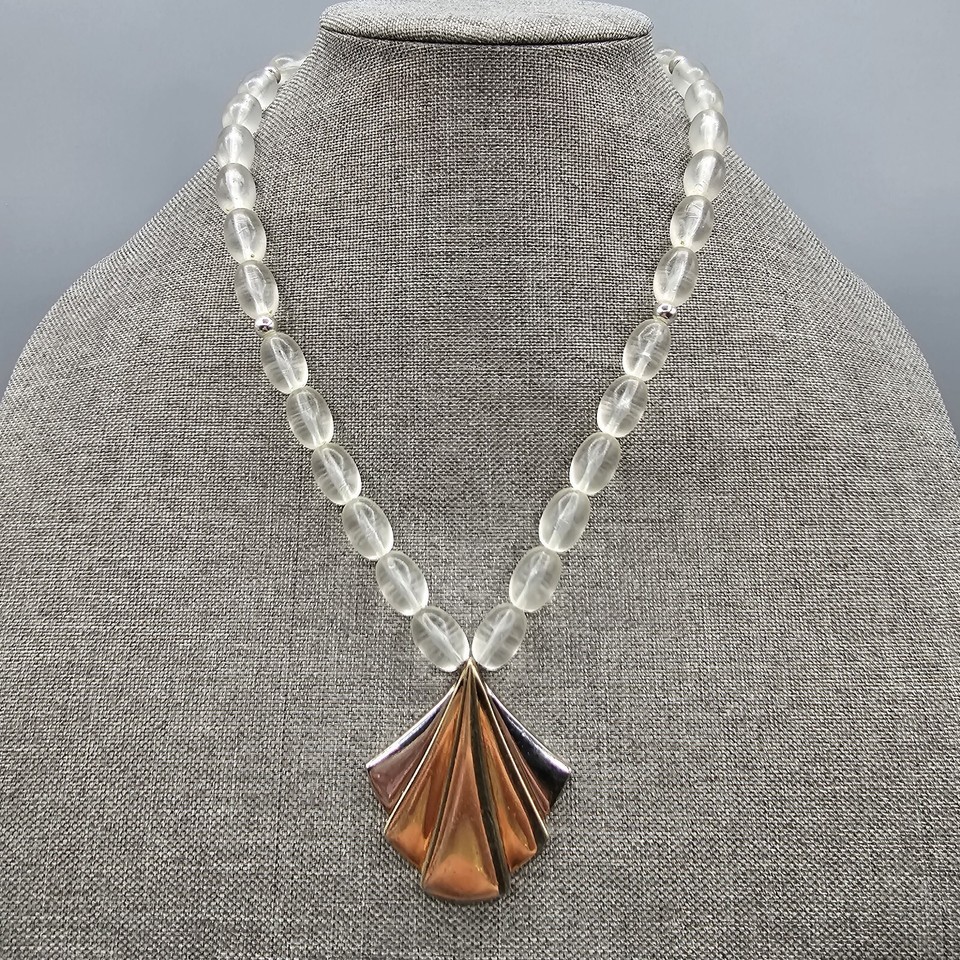 Fan Pendant Necklace Two Tone Metal Clear Frosted Bead 21&quot; - $19.99