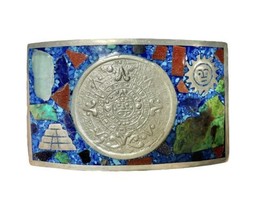 Vtg 925 Southwestern Belt Buckle Turquoise Onyx Coral Mex 72g Sun God Calendar - £104.56 GBP