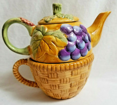 Peggy Jo Ackley Teapot Cup Ceramic Stackable Individual Grape Basket CIC  - £23.11 GBP