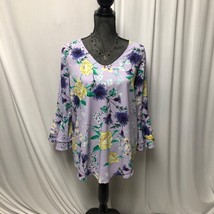 Liz Claiborne Career Blouse Womens Large Floral Bell Sleeve Purple Yellow Top - $16.65