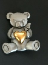Estate JJ Signed Pewter Teddy Bear w Brushed Goldtone Heart Valentine’s Day Pin  - £12.40 GBP