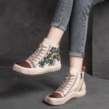 Retro Lady Flat Boots Lace UP Flower Designer Woman Fashion Shoes Genuine Leathe - £99.91 GBP