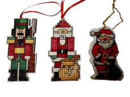 Christmas Tree Ornament Lot Of 3 Cloth Fabric Grid Design Santa Claus Nu... - £16.06 GBP