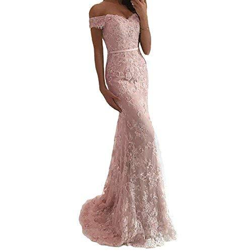 Long Mermaid Off The Shoulder Beaded Lace Prom Dress Evening Blush Pink US 16