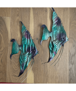 2 Vintage MCM Mid-Century Modern Angel Fish Green Purple Metal Wall Art ... - $123.86 CAD