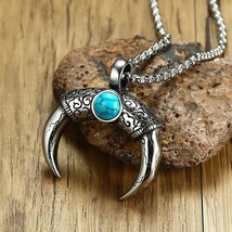 Silver Vintage Turquoise Horn Pendant Necklace Men&#39;s Jewelry Chain 24&quot; Gift - £13.22 GBP