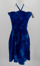 Peppermint Bay Womens Halter Dress Sz L Turquiose Shirred Bodice Palm Tree Print - £15.95 GBP