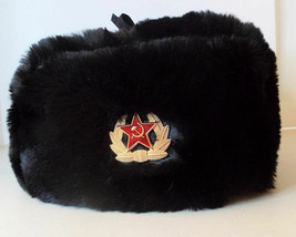 Authentic Russian Ushanka Military Hat Black Soviet Army Badge Size L ( 60 cm) - $34.82