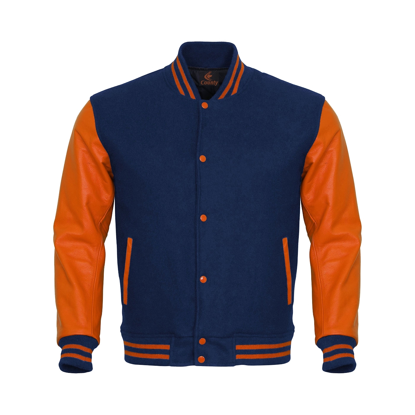 Varsity Jacket Letterman Jacket Navy Blue Body Orange Leather Sleeves