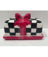 Christmas Mackenzie Style Black White Ceramic Butter Dish Red Bow - $34.64