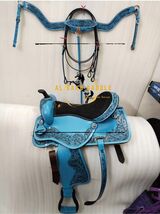 Western Horse Saddle Set Blue Tooled Leather + Headstall &amp; Reins Comfort... - $417.78+