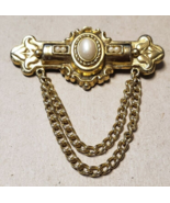 VINTAGE GOLD TONE FAUX PEARL CABOCHON DOUBLE CHAIN BROOCH PIN BAR - £26.86 GBP