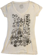Ladies Tshirt Doodles Paris Owl Skull Lightbulb Shoe Graphic White Silve... - £14.69 GBP
