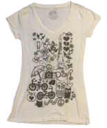 Ladies Tshirt Doodles Paris Owl Skull Lightbulb Shoe Graphic White Silve... - £14.82 GBP