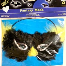Fright Factory Fantasy Mask Black Yellow Feather Bird Vintage Halloween ... - $14.85