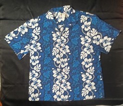 KY’S Hawaiian Button Front Shirt Cotton White Hibiscus Panel On Blue Siz... - $23.76