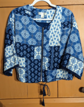 Christopher &amp; Banks Womens Full Zip Jacket Size S Blue Patchwork 3/4 Sleeve Fray - £15.42 GBP