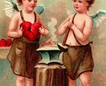 Vtg Postcard Embssed Valentine - Cupids Breaking Hearts Over Anvil UNP - $5.01