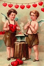 Vtg Postcard Embssed Valentine - Cupids Breaking Hearts Over Anvil UNP - £3.91 GBP