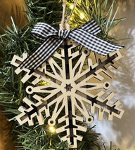 Snowflake Laser Cut Wood Christmas Ornament Black &amp; White plaid 5&quot; x 4.5&quot; - $4.50