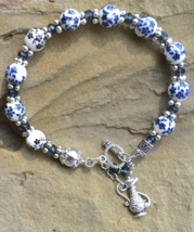 Beaded Bracelet, Ceramic Bracelet, Hand painted Ceramic, Blue Crystal (B52) - £11.23 GBP