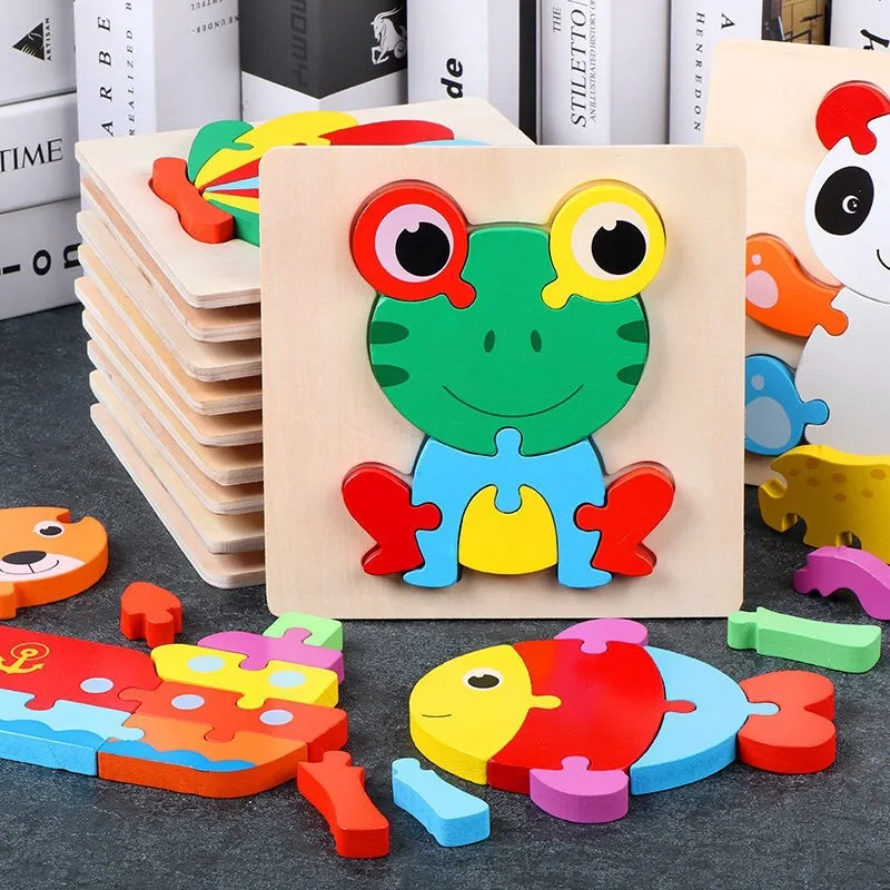 Montessori Wooden 3D Geometry Children&#39;s Jigsaw Toy Cartoon Animal Building - £9.88 GBP