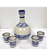Beautiful Pottery Hand Painted Decanter w 4 Matching Glasses Cobalt Blue... - $104.06 CAD