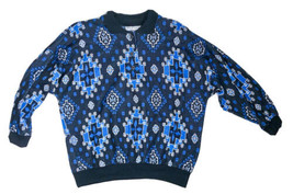 Vintage Jeric Knitwear Blue Black White Geometric Print Half Button Sweater L XL - £7.91 GBP