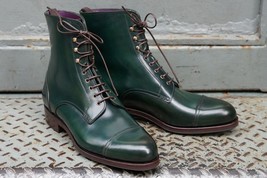 Green Color Cap Toe Lace Up High Ankle Premium Leather Stylish Men Boots - £127.88 GBP+