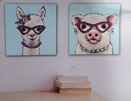 Pig &amp; Lamb 2 Piece Canvas Wall Art Set Hand Embellished ~ Texture 12x12in  - £38.76 GBP