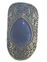 Blue Marbled Lapis Lazuli Teardrop Ring 7.5 Scroll Work Silver Tone Western - £5.91 GBP