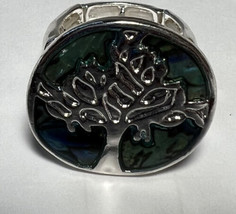 Jewelry Ring Watchband type Stretch Green Enamel Tree of Life Silver Tone S7-8.5 - £9.03 GBP