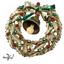 Vintage Christmas Holiday Wreath Pin w Swinging Bell  1 3/4&quot; Across - Hey Viv - £11.19 GBP