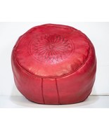 Red handmade leather pouf - authentique moroccan ottoman pouf (40x40x25cm) - $115.64