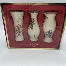 Lenox Bud Vases Christmas 5 in Candy Cane Holly Set of 3 Gold Rim in Box NEW - $21.00