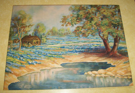 Vtg Lithograph Litho Print Art Texas Bluebell Blue Bonnet Log Cabin Field Pond - £21.49 GBP