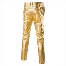 Men's Casual Gold Stage Performers PU Leather Front Zip Straight Slim Trousers  image 2