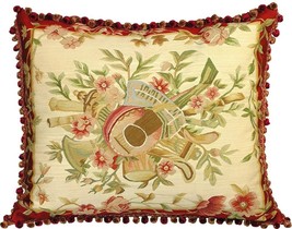 Throw Pillow Music 28x24 24x28 Cream Maroon Red Down Feather Insert Aubusson - £550.75 GBP