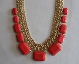 Necklace Double Chain Gold Tone Coral/Red Plastic Costume Jewelry ~15-19&quot; - $13.00