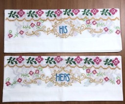 Embroidered Cross Stitch Pillowcases Butterflies Roses His &amp; Hers Set of 2 - £15.50 GBP